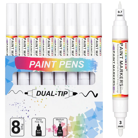White Paint Pen White Paint Marker - 8 Pack Dual Tip Oil Based White Permanent Markers,Extra Fine Tip & Medium Fine Tip(0.7mm & 3mm),Quick Drying, Waterproof, Marker Pen for Fabric, Easter Egg, Glass