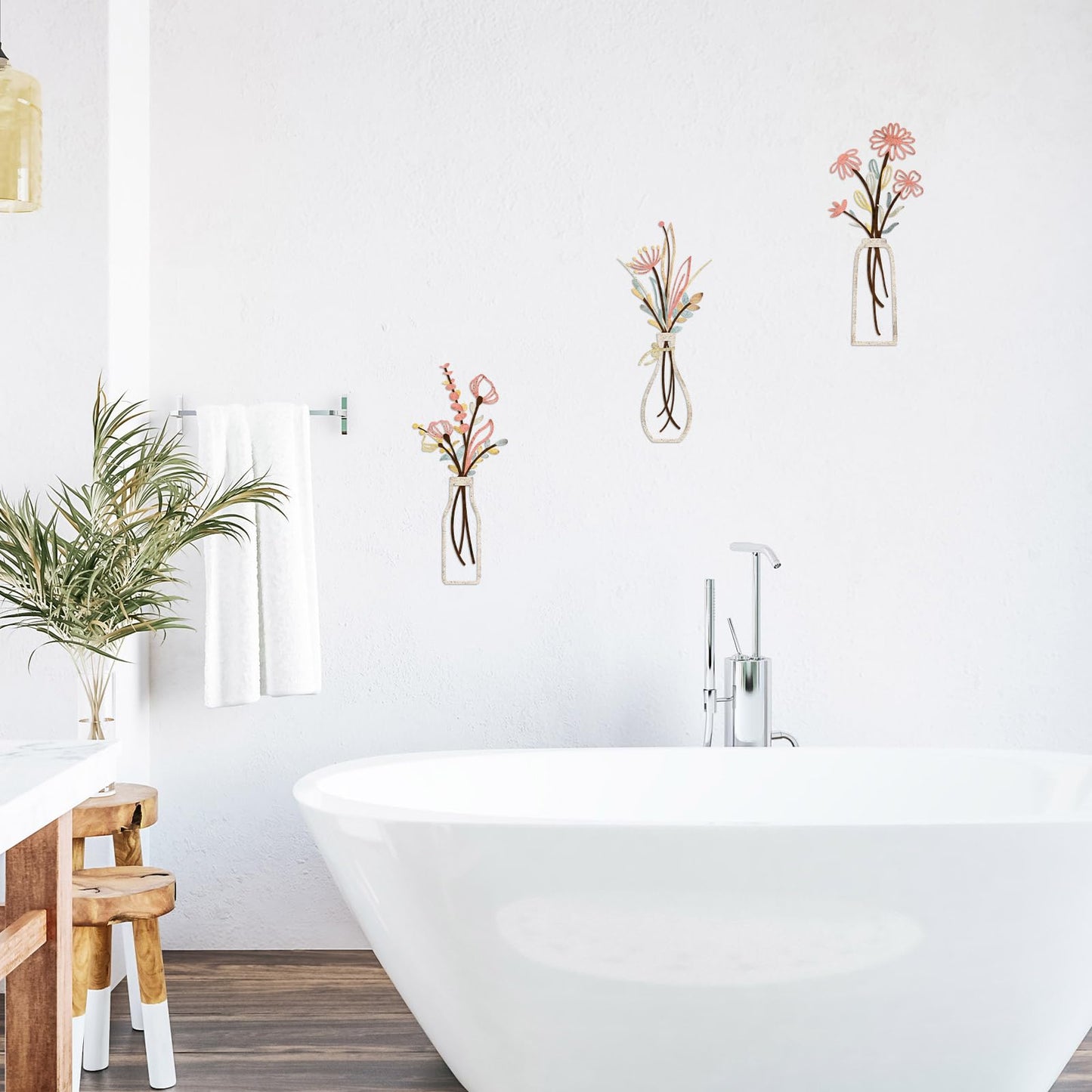 3 Pieces Metal Flowers Wall Arts - Rustic Farmhouse Style Décor Metal Wall Art Black Minimalist Flower Natural Themed Wall Decors for Home Bedroom Dining Room Housewarming (Pink Beige)