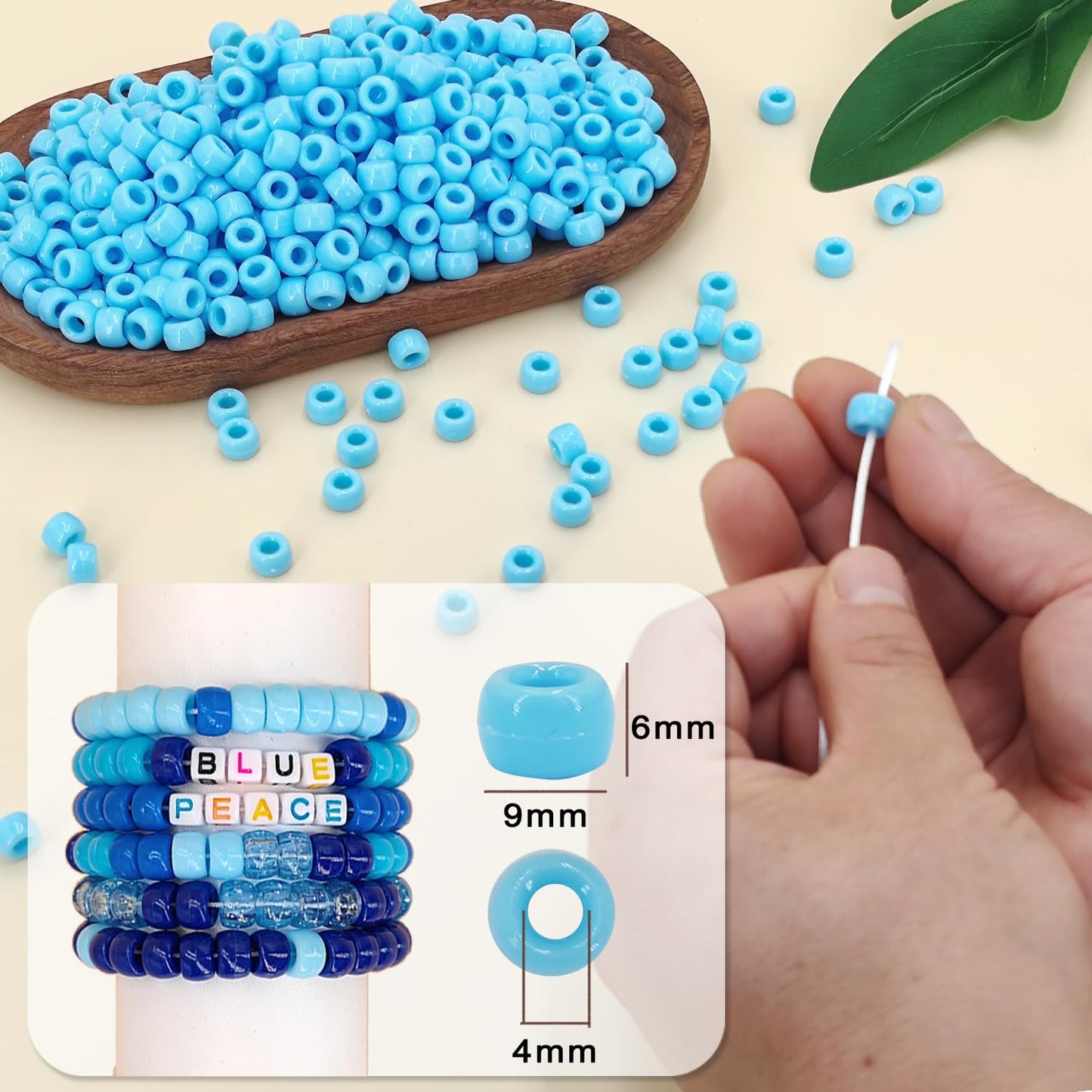 MIIIM 1200PCS 6x9mm Pony Beads Bulk, Light Blue Kandi Beads for Bracelets Making Kit, Hair Braids Crafts for Jewelry Making (Light Blue)
