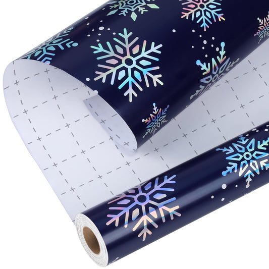 Navy Blue Christmas Wrapping Paper Roll, 17 Inch x 33 Feet, Holographic Foil Snowflake Design with Cutting Grid, Holiday Gift Wrap for Winter Birthday & Seasonal Party Decoration
