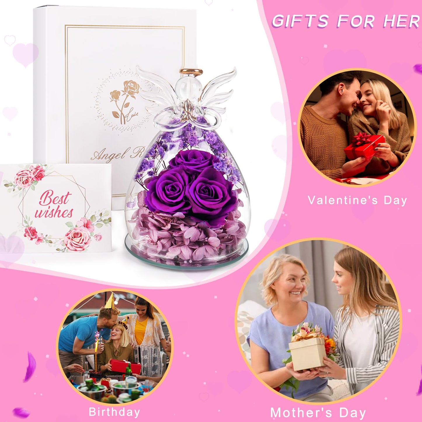 Beferr Mothers Day Mom Birthday Gifts for Women, Fresh Flowers for Delivery Forever Preserved Rose in Glass Angel Figurine, Anniversary Christian Real Rose for Grandma Nana Wife Mum from Daughter Son