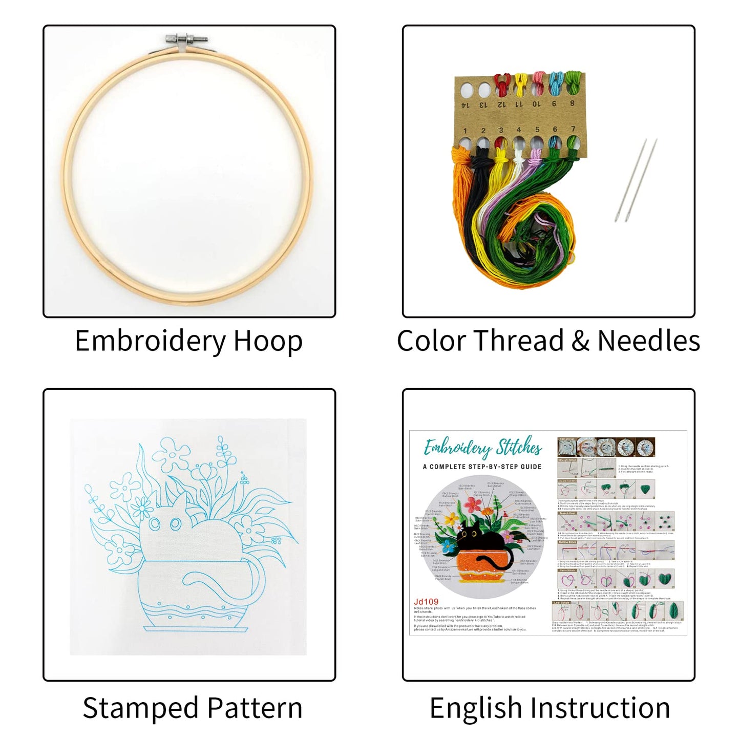 Louise Maelys Embroidery kit with Cat Plant Stamped for Starters, Cross Stitch Kits for Beginners Adults, Include Embroidery Cloth, Hoop,Needles,Instruction and Threads