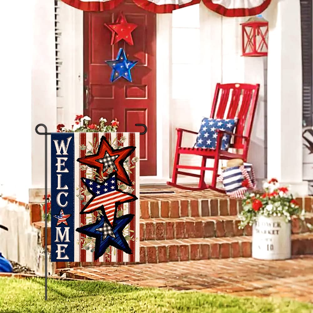 Independence Day 4th of July Garden Flag Burlap 12x18 Inch Double Sided, Patriotic American Stars and Stripes Yard Outdoor Decor DF304