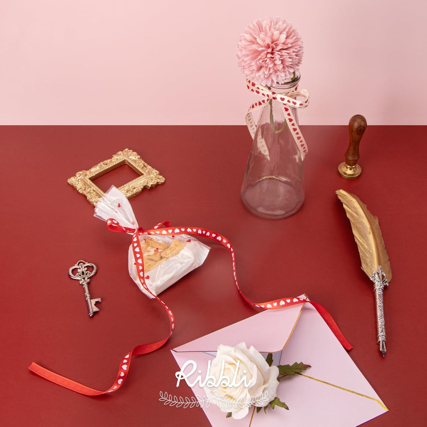 Ribbli Valentine’s Day Ribbon,2 Rolls Heart Satin Ribbon Use for Valentines Day Craft,Gift Wrapping,Home Decor,3/8 Inches Total 20 Yards,Red/Pink/Cream