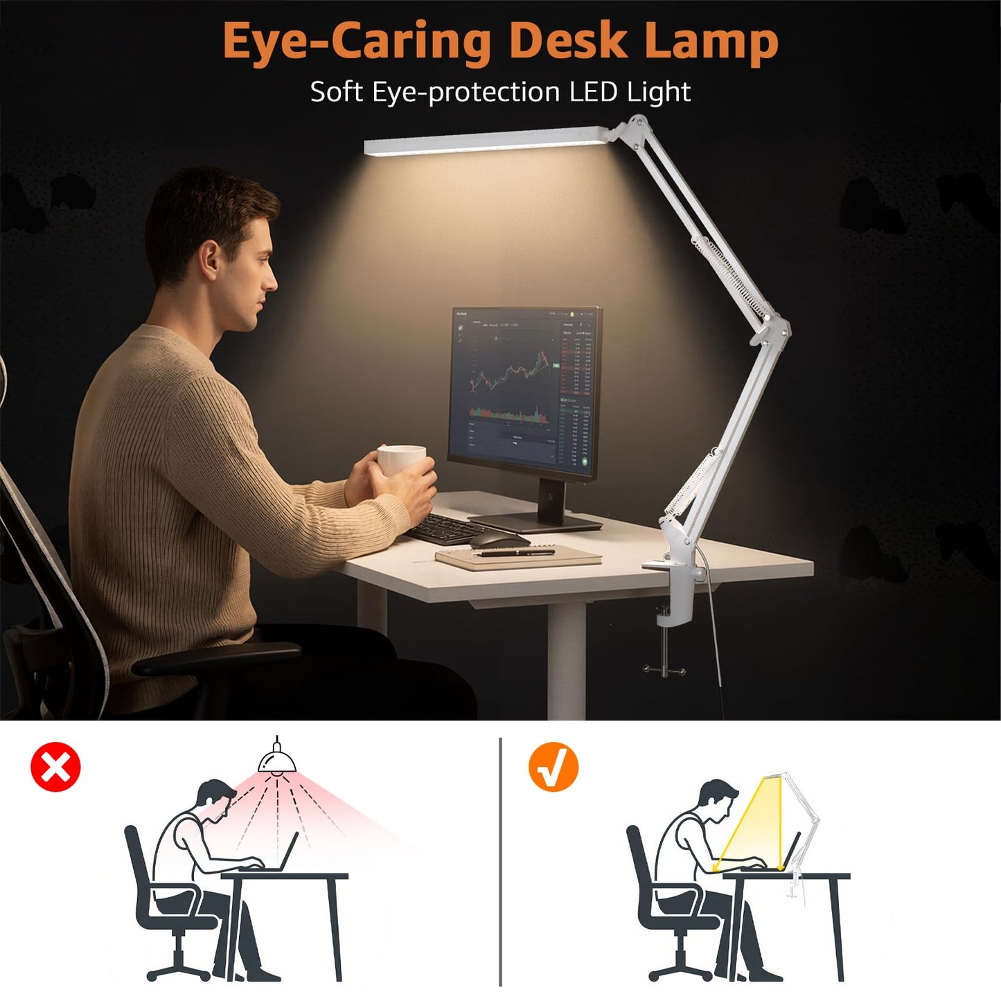 Upgrade Swing Arm LED Desk Lamp with Clamp, 80 LED Beads, 5 Color Modes & 11 Brightness Levels, 360° Adjustable Arm, Eye-Caring Light CRI95, Timer & Memory Function, for Office, Study, Crafting