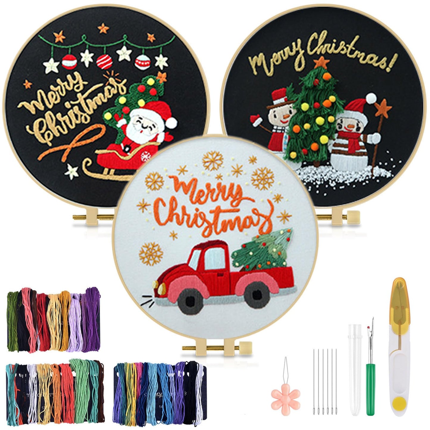 Christmas Embroidery Kit for Adult Beginners, 3 Sets Embroidery Stitch Practice kit Include Embroidery Cloth Hoops Threads for Craft Lover Hand Stitch