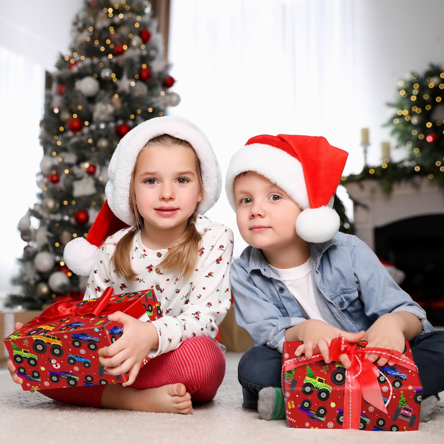 Cuitpan Red Monster Truck Christmas Wrapping Paper - Xmas Gift Wrap with Holiday Trees, Snowmen & Gingerbread Men Design - Ideal for Kids & Adults Gift Wrapping - 40×28 Inches, 4 Folded Sheets