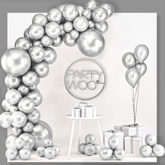 PartyWoo Metallic Silver Balloons, 100 pcs Silver Metallic Balloons Different Sizes Pack of 18 Inch 12 Inch 10 Inch 5 Inch Silver Balloons for Balloon Garland Arch as Party Decorations, Silver-G102