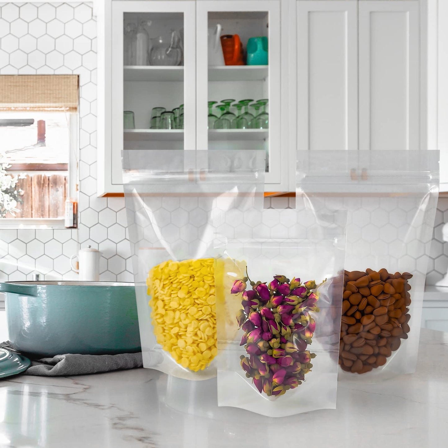 100 Pcs Resealable Bags,5.1" x 7.9"Clear Stand Up Food Bags,Zip Lock Food Storage Bags for Packaging Products,Herbs,Snack,Tea,Spices,Pet Food and Soaps