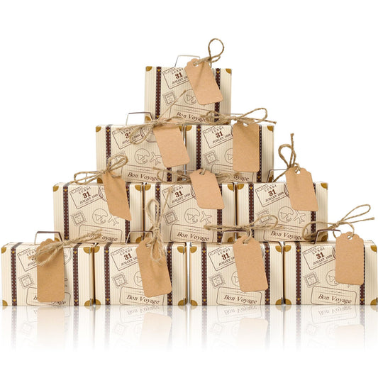 VGOODALL 50PCS Mini Suitcase Party Favor Box, 3"x2"x1.2" Little Luggage Candy Box with Tags for Travel Themed Party, Bridal Shower, Wedding Decorations