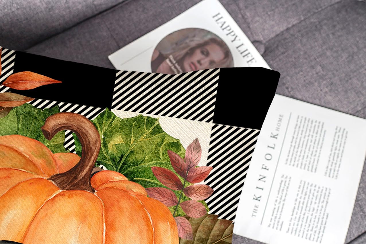 4TH Emotion Fall Pillow Covers 18x18 Set of 4 Thanksgiving Buffalo Check Farmhouse Decorations Orange Pumpkin Outdoor Autumn Farm Truck Pillows Decorative Throw Cushion Case for Home Decor S23F22