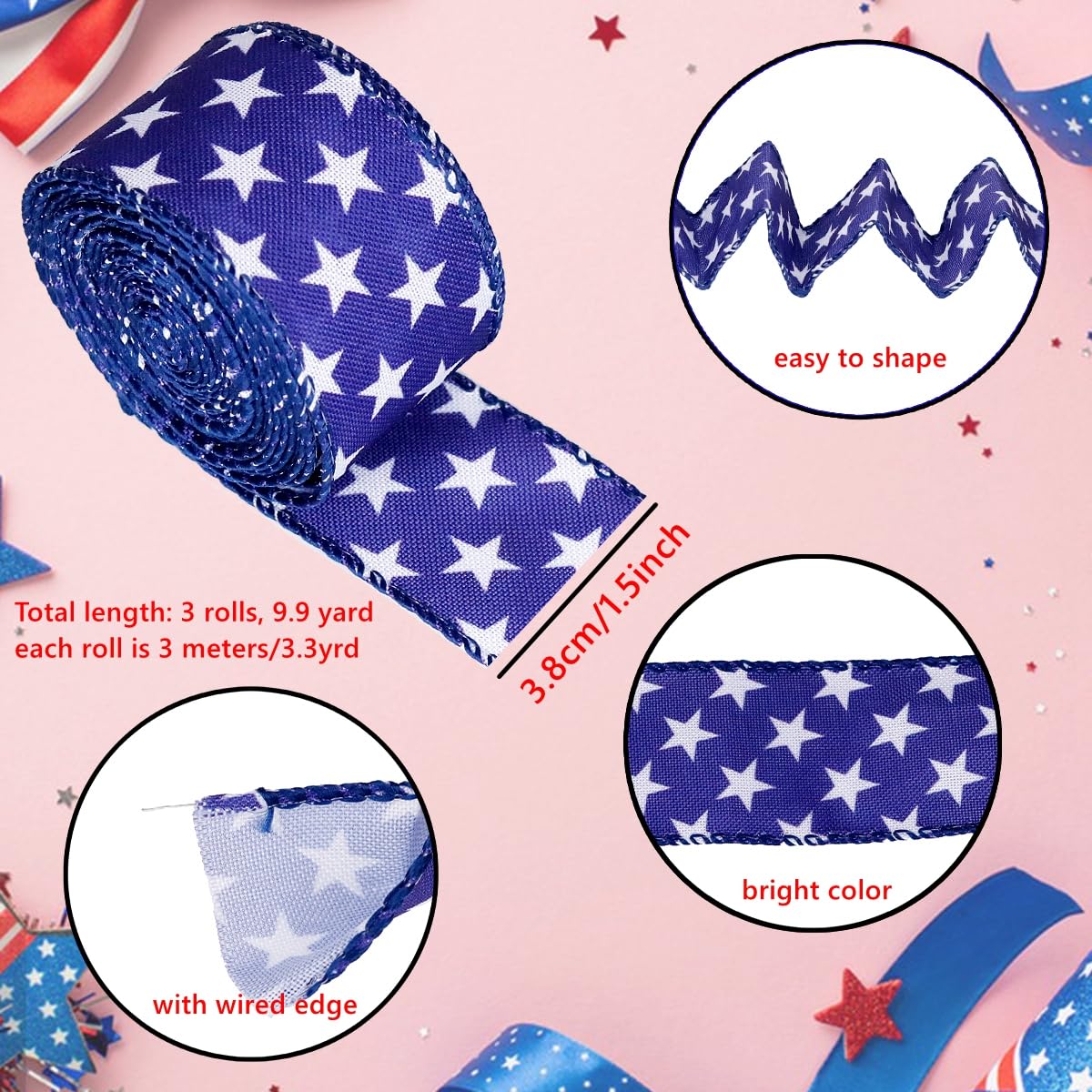 3 Rolls Patriotic Wired Edge Ribbon 9.9 Yard 4th of July Stars and Stripes Ribbons Red White Blue Ribbon for Wrapping Crafts Decoration, Independence Day,1.5 inch Width (Blue,Red,White)