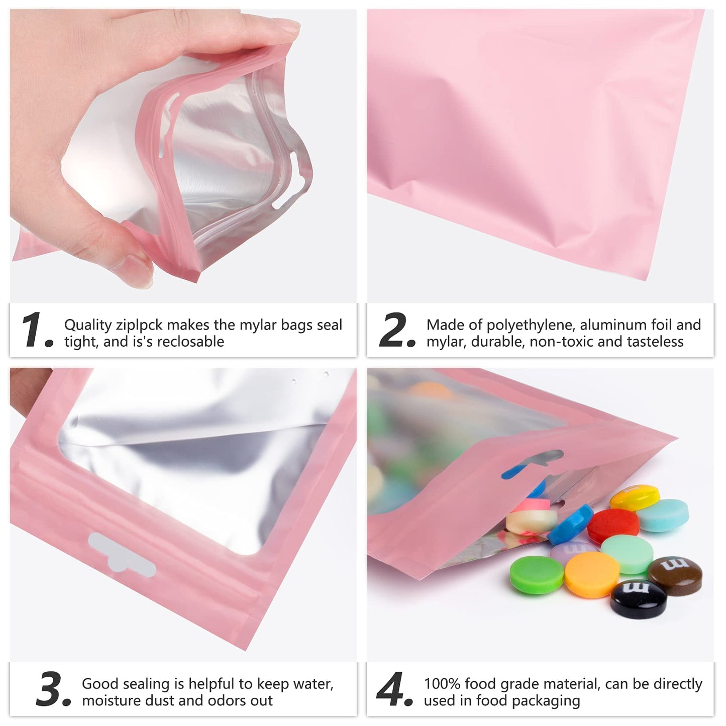 100 Pieces Resealable Mylar Bags with Zip and Clear Window Smell Proof Bags Packaging Bags Foil Pouch Zip Bags for Food Self Sealing Storage Supplies (Pink, 2.75×3.93 inches)