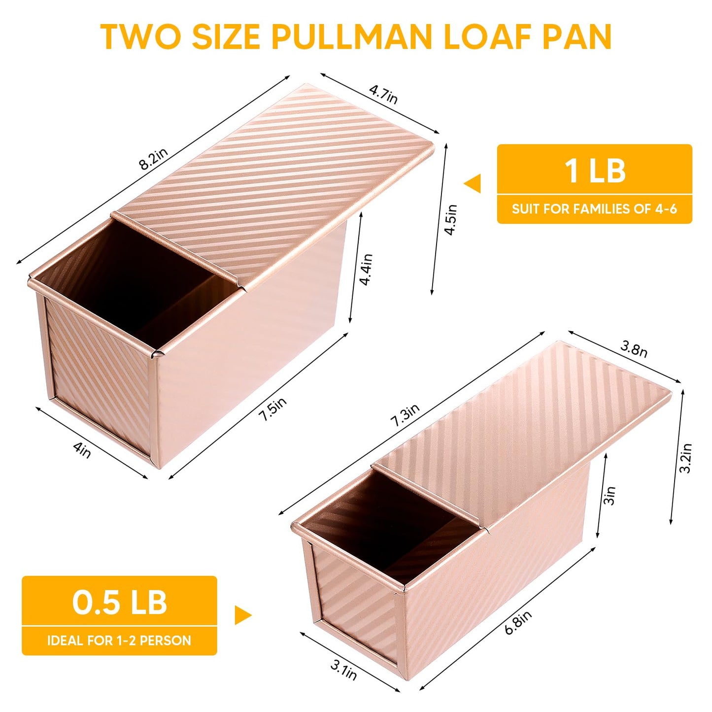 MOJIEZUO 2PCS Pullman Loaf Pan with Lid, 1 lb & 0.5 lb Dough Capacity Non-Stick Bakeware for Baking Bread, Carbon Steel Corrugated Bread Toast Box with Cover for Homemade Sandwich Bread, Rose Gold