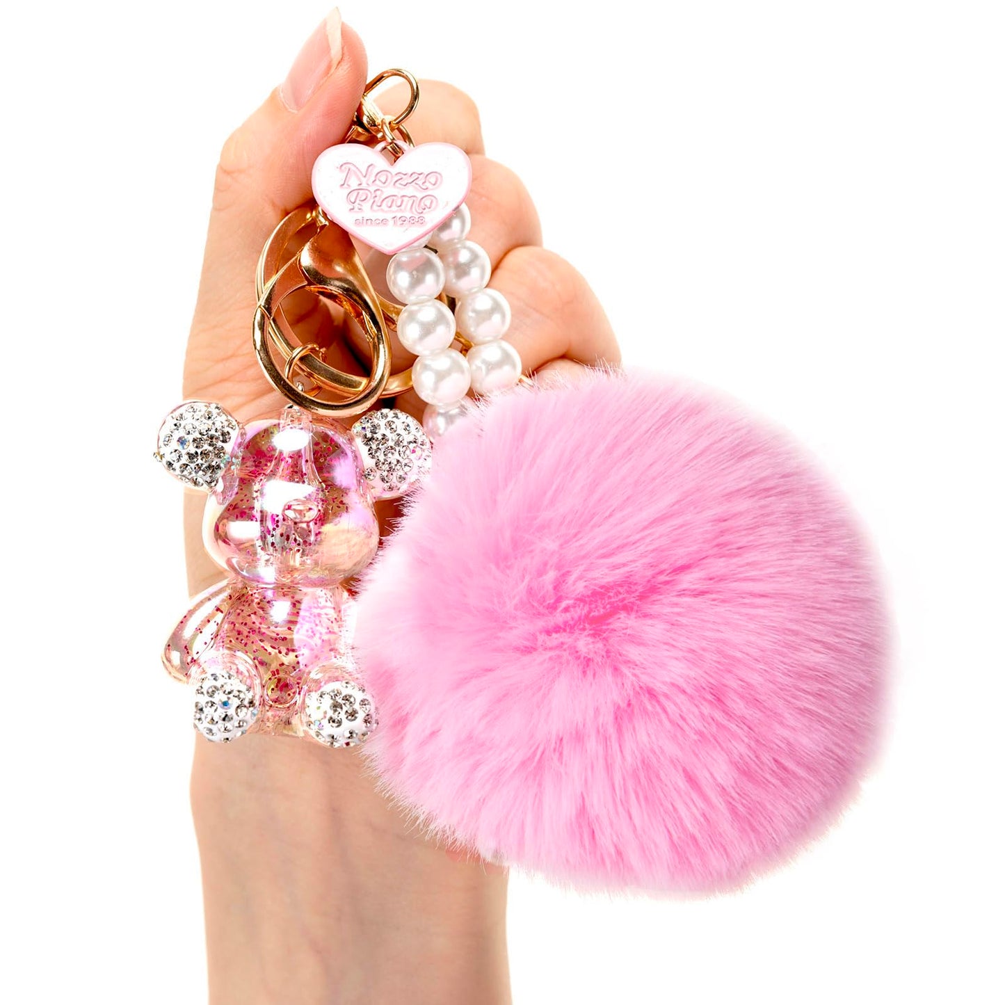 YOU WIZV Cute Pink Bear Keychain for Women with Puff Ball Purse Charms, Girls Bling Key Chains for Car Keys, Backpack, Purse Accessories, Pink Pom Pom Keychain