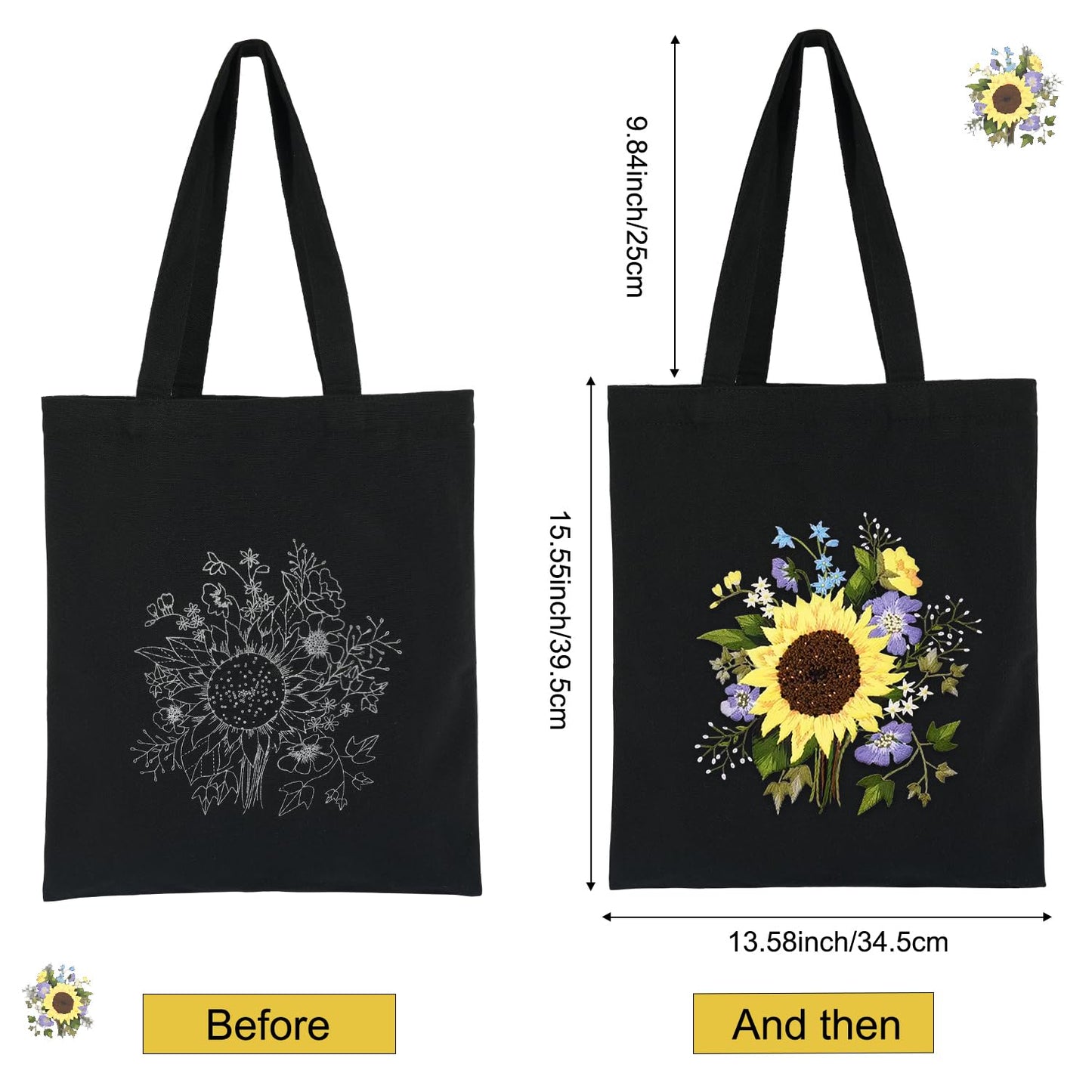 Canvas Tote Bag Embroidery Kit with Sunflower Pattern, Embroidery Kits for Beginners Adults, Arts and DIY Crafts Embroidery Starter kit, Include Stamped Embroidery Bag, Color Threads, Embroidery Tools