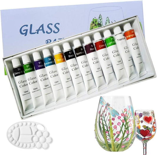 Magicdo Stained Glass Paint Kit with Palette,Transparent Glass Window Paint Acrylic Paint Set Great for Wine Bottle, Light Bulbs, Ceramic (12 Colors x 12ml)