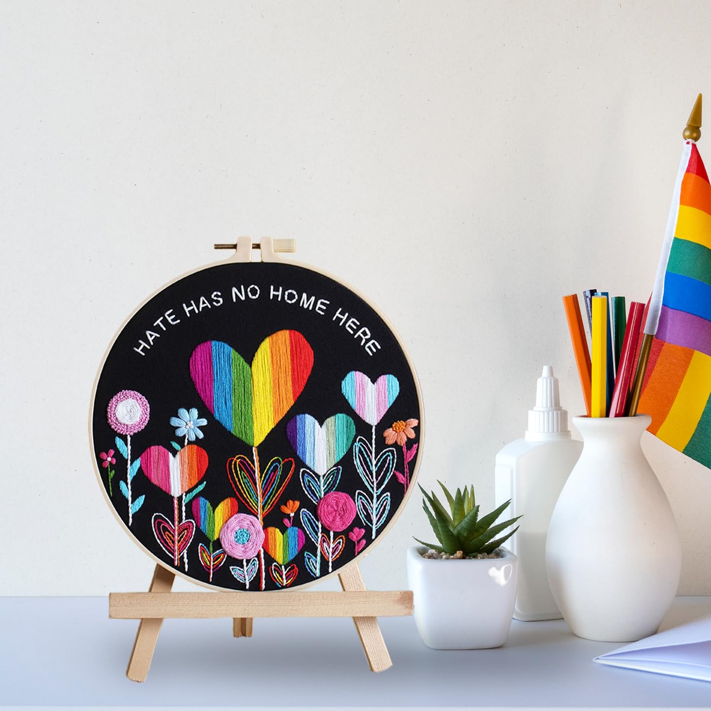 Louise Maelys Flower Beginners Embroidery Kits,Cross Stitch Kit for Adults,DIY Needlepoint with LGBT Love Pattern,Including Cloth, Needles,Threads and Instruction