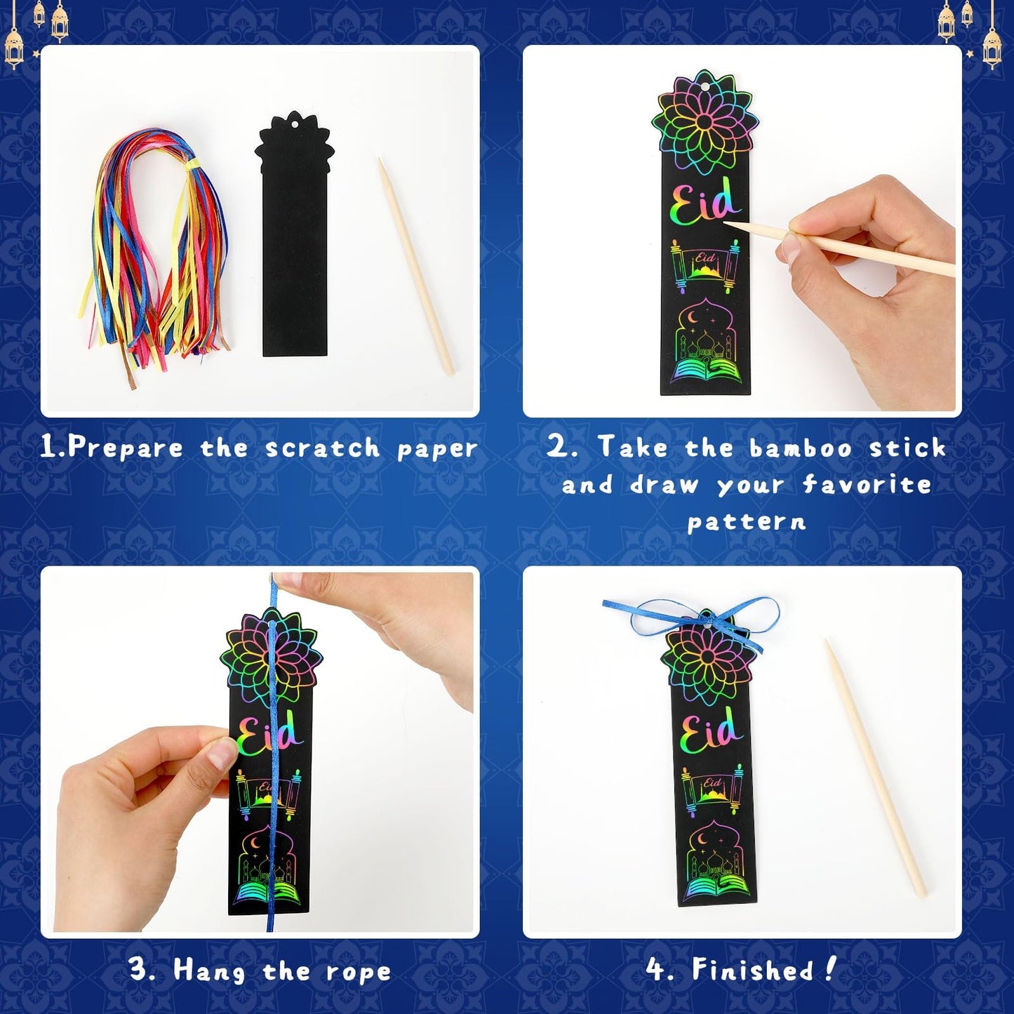 96Pcs Ramadan Crafts for Kids, Magic Rainbow Scratch Art Eid Bookmarks for Kids Ramadan Gifts Eid Activities for Kids Ramadan Arts and Crafts Eid Party Favors Hanging Ornaments