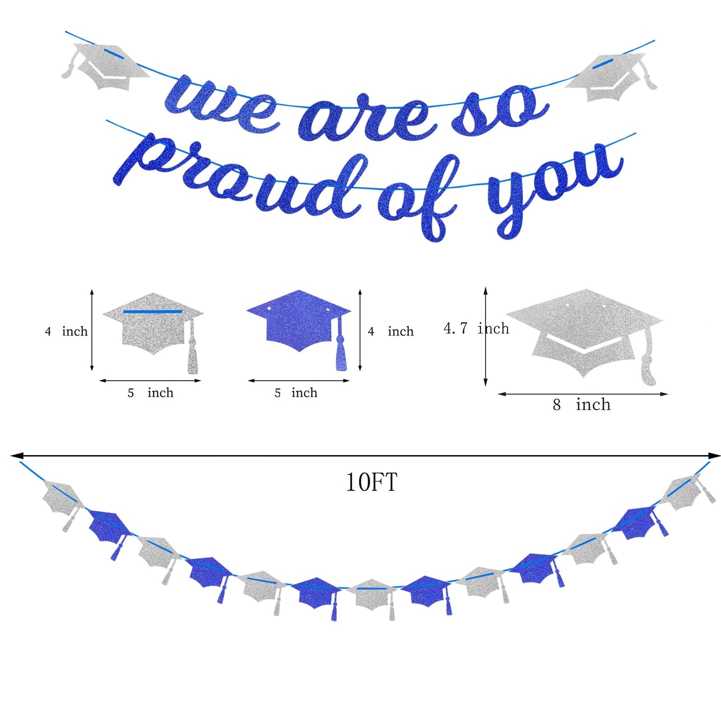 Navy-Blue White-Silver Party-Decoration Graduation Banner - 8pcs Kits Cap Garland Streamers, Paper Tissue Pom Poms Flowers,We are So Proud of You Congratulations Grad 2026 Decor Lasting Surprise