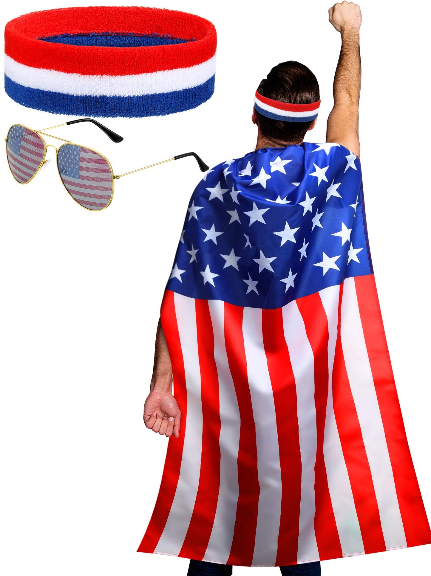 Frienda American Flag Costume Cape, 4th of July 250th Retro 80's USA Sunglasses and Flag Headband for 250th Anniversary(Classic Style)
