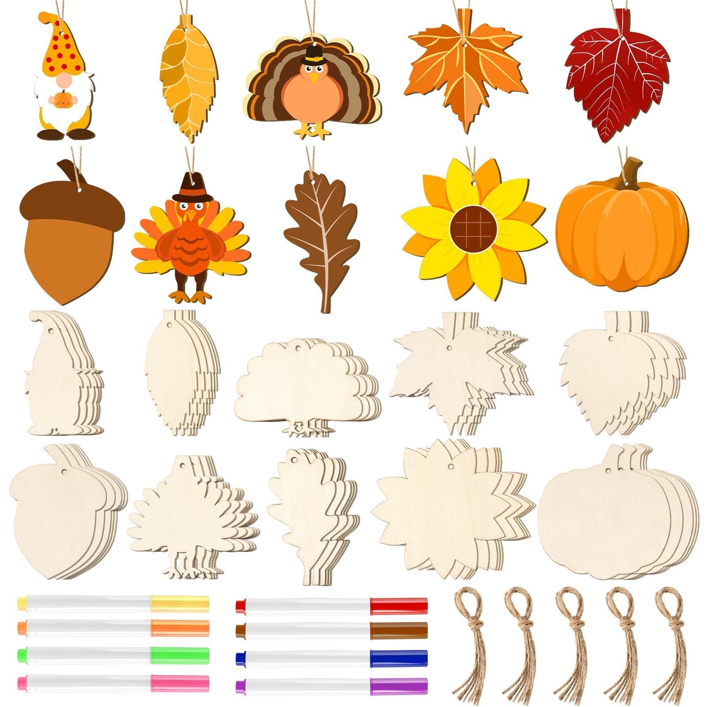 50 Pieces Thanksgiving Wooden Ornaments Fall Autumn Leaf Blanks Pendants Maple Leaves Pumpkin Unfinished Wood Slices Hanging for Fall Party Festivals DIY Crafts Decoration, 10 Styles