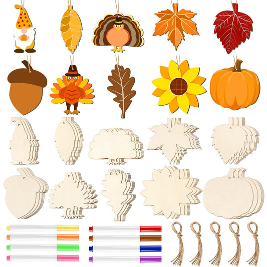 50 Pieces Thanksgiving Wooden Ornaments Fall Autumn Leaf Blanks Pendants Maple Leaves Pumpkin Unfinished Wood Slices Hanging for Fall Party Festivals DIY Crafts Decoration, 10 Styles