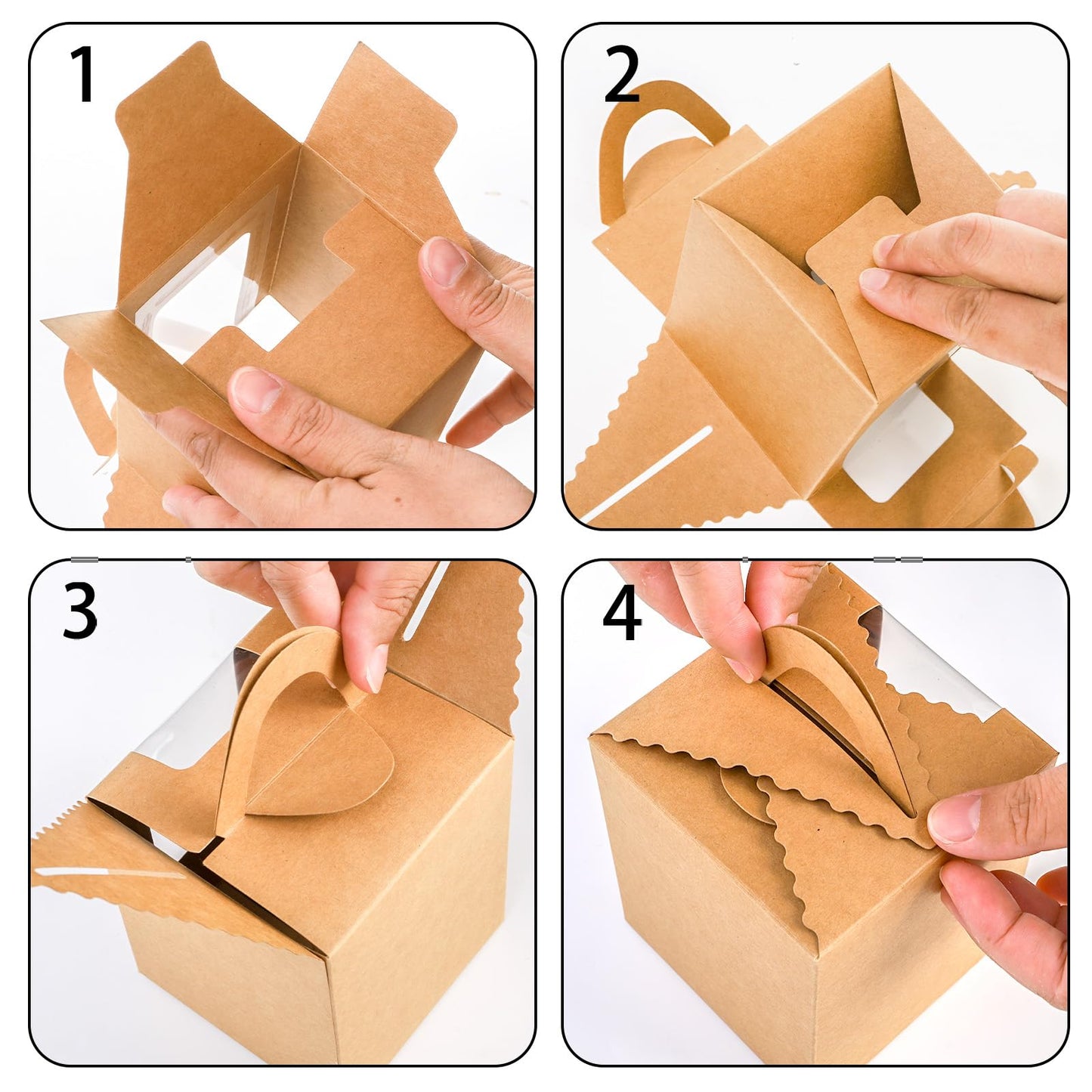 Jucoan 100 Pack Cupcake Box, Kraft Paper Individual Cupcake Container with Window and Handles, Bulk Single Cupcake Packaging Box for Muffin, Cocoa Bomb, Party Favor Pastry Treat Boxes
