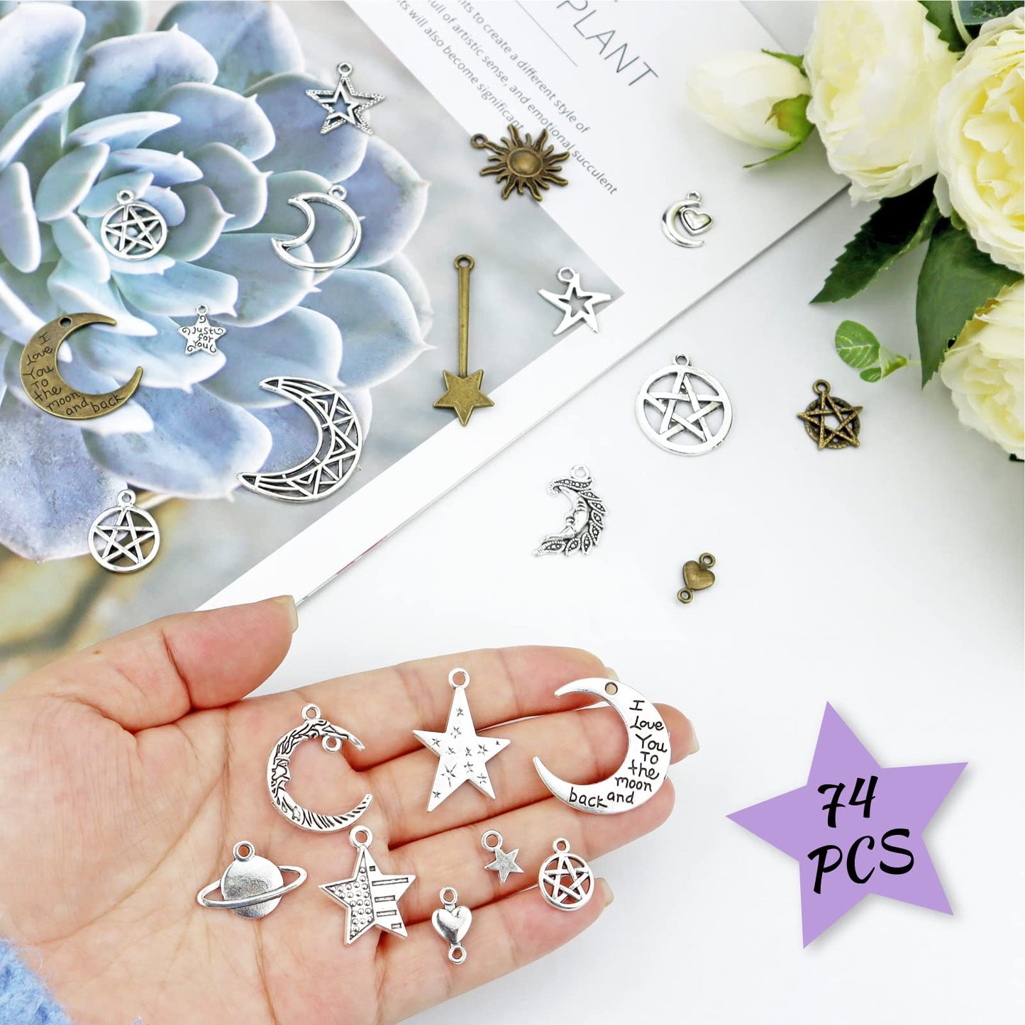 JIALEEY Celestial Mixed Sun Moon Star Charms, Wholesale Bulk Lots Antique Alloy Charms Pendants DIY for Necklace Bracelet Jewelry Making and Crafting, 100g(74PCS)