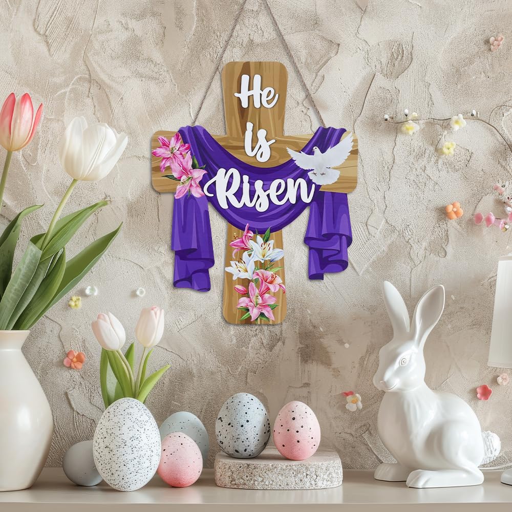 He is Risen Easter Decorations, Wood Cross Wall Signs, Wooden Wreaths for Front Door, Christian Jesus Lily Flowers Dove Hanging Crafts for Spring Home Farmhouse Party Porch Mantel Window Decor