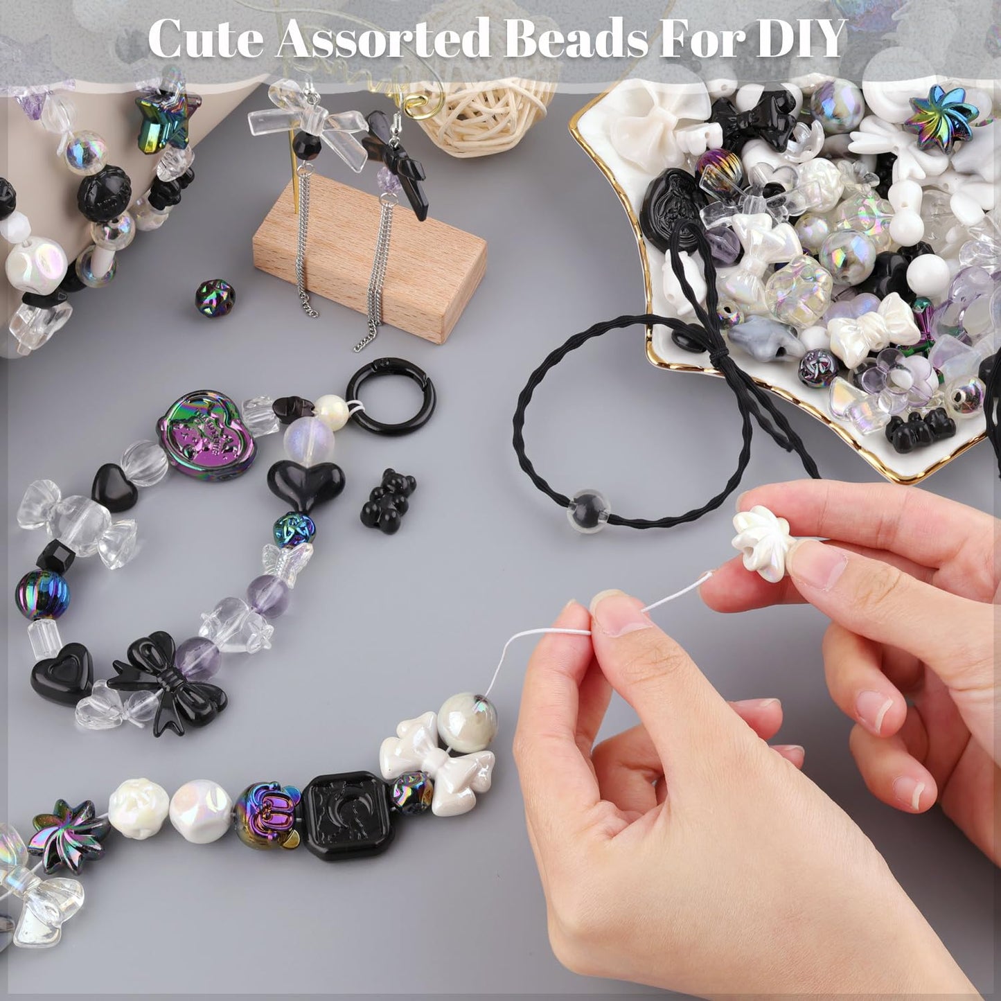 TINKRSTUFF Assorted 170-230PCS Black Acrylic Beads for Bracelet Making, Flower Bow Butterfly Candy GummyBear Aesthetic Bracelet Charms,Cute Beads for Jewelry Making DIY Necklace Keychain Phone Charm