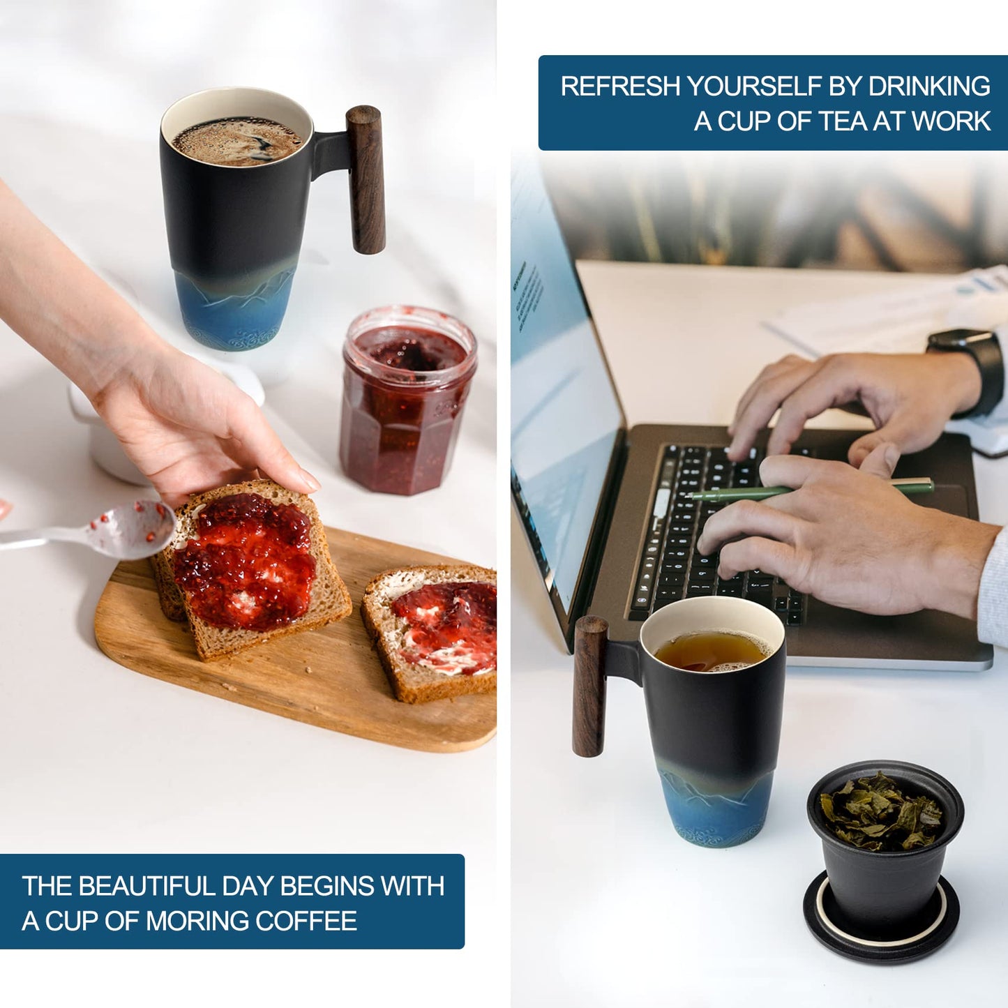 Tomotime Ceramic Tea Cup with Infuser and Lid Tea Mugs Wooden Handle 400ml/13.5oz Black cyan
