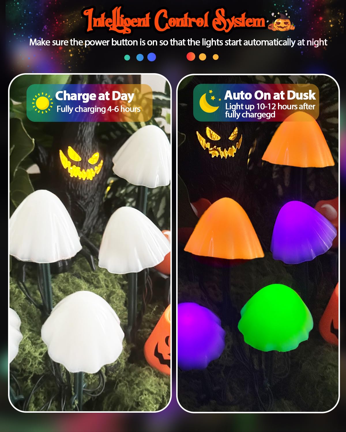 2PK 55FT 32LED Halloween Orange Purple and Green Solar Mushroom Lights Outdoor, Solar String Light with 8 Lighting Modes Auto On/Off, Halloween Garden Lights for Witch Decorations
