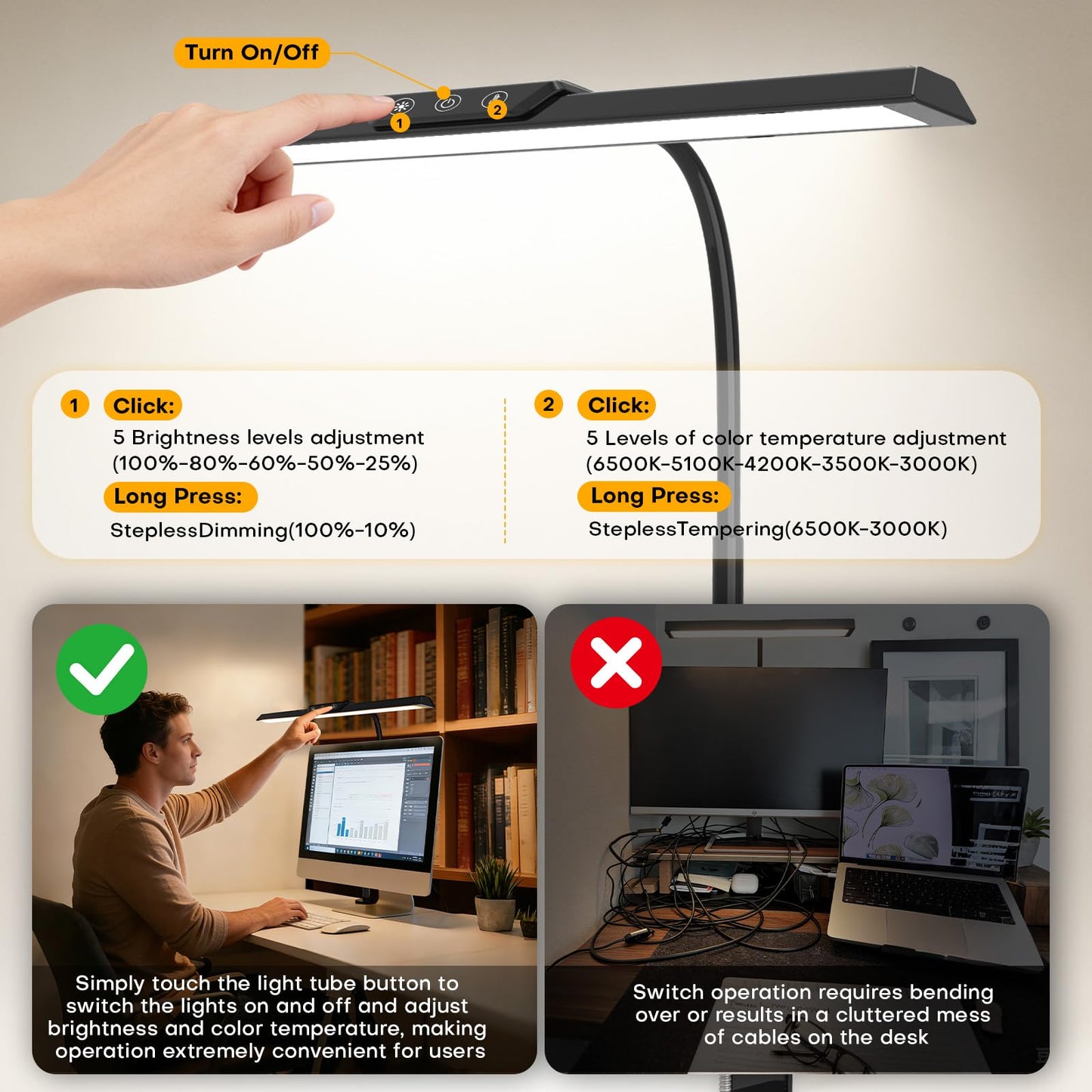 LED Desk Lamp for Office Home, Stepless Dimming Architect Desk Light with DC Adapter, Eye-Caring Desk Lamp with Clamp, 25 Lighting Modes Adjustable 12.8in Flexible Gooseneck for Workbench, Drafting