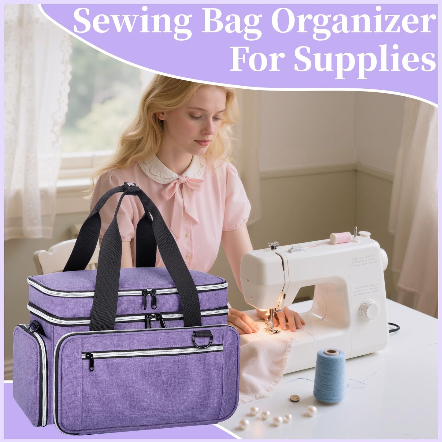 Large Sewing Supplies Organizer, Double Layer Sewing Storage Organizer with Two Detachable Dividers, Travel Sewing Bag Organizer with Shoulder Strap for Accessories, Purple, (Bag Only)