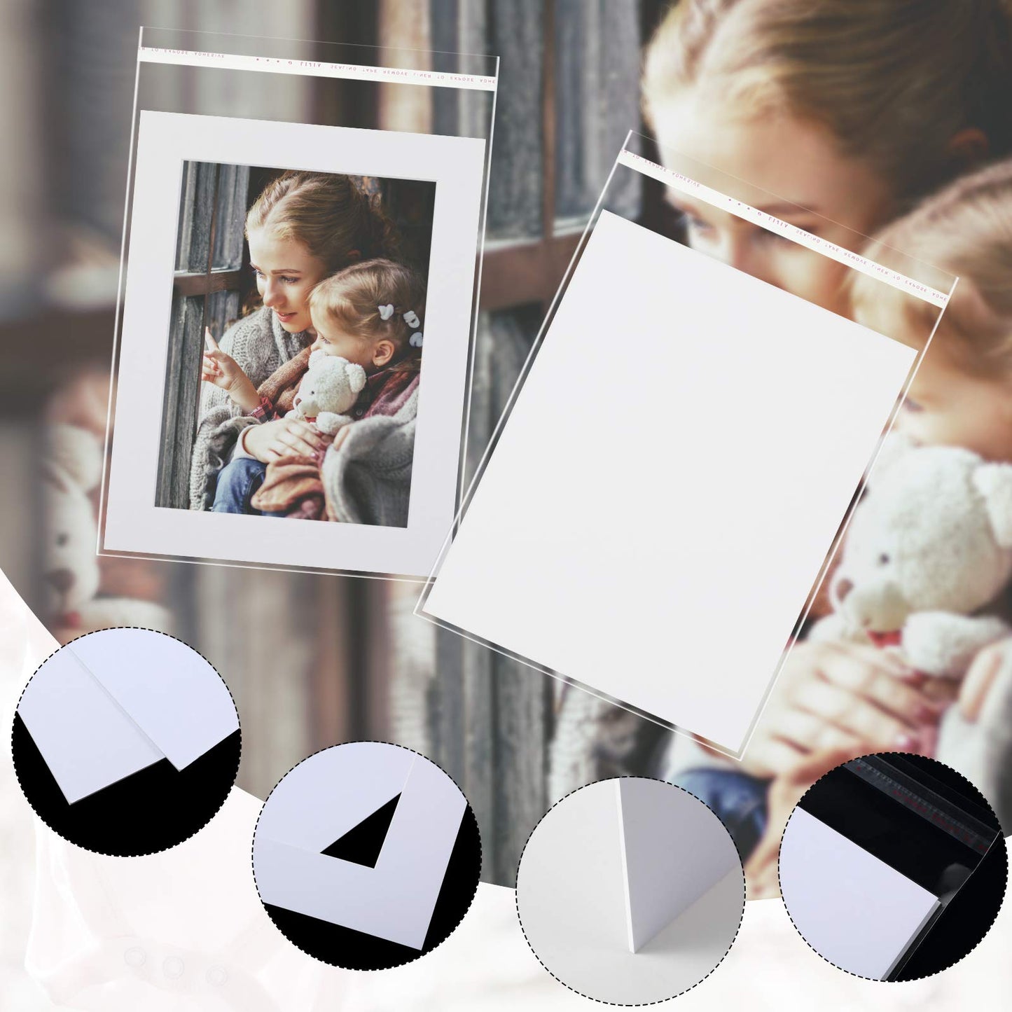 12 Sets White Picture Mat Set, 5" x 7", 8" x 10", 11" x 14" Photo Frame Mattes with White Core Bevel Cutting Mat Board and 20 Transparent Bags for Packaging Photo Picture Artwork
