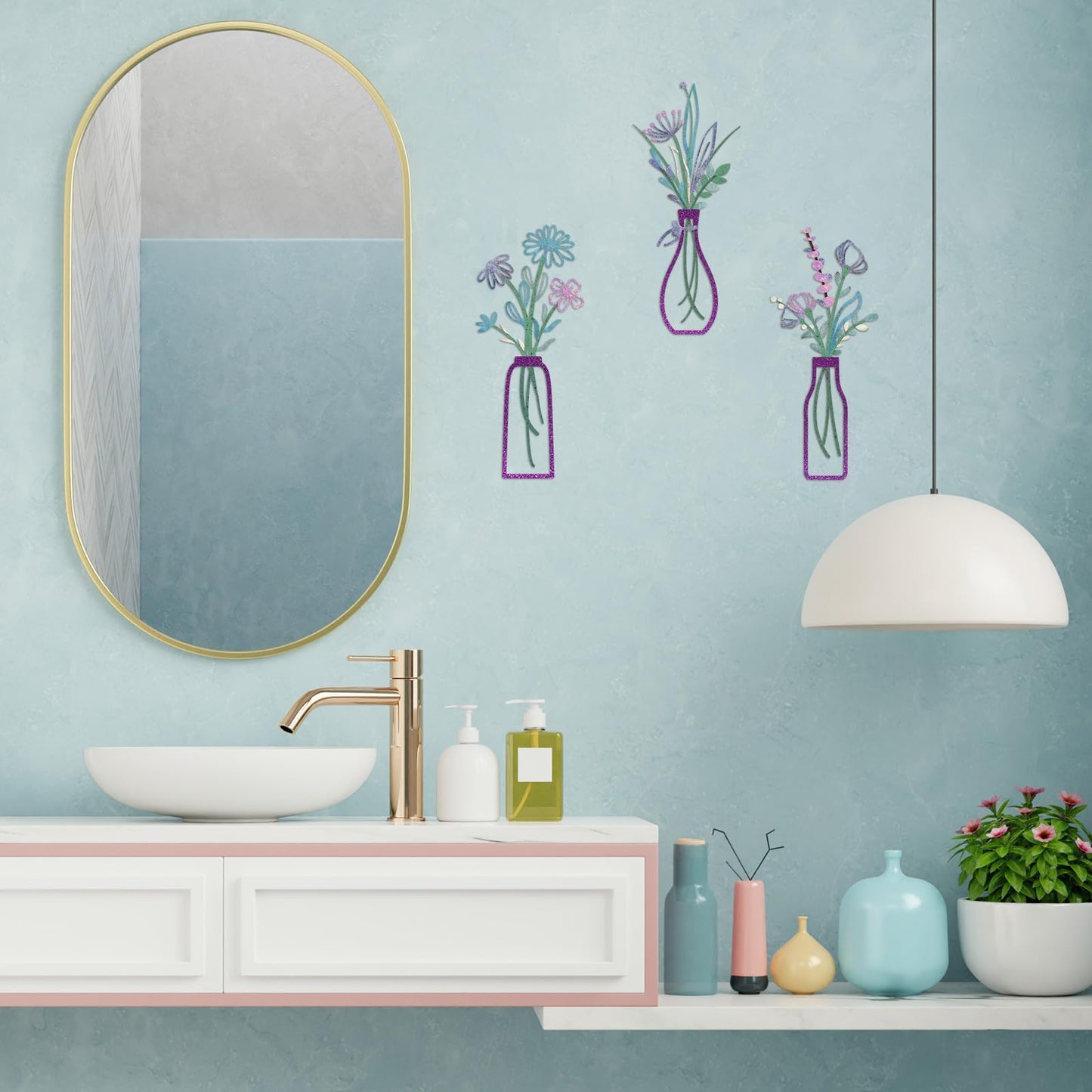 3 Pieces Metal Flowers Wall Arts - Rustic Farmhouse Decor Purple Minimalist Flower Wall Decors for Living room Bathroom Bedroom Dining Room-Housewarming Gifts(Purple, Vase-C)