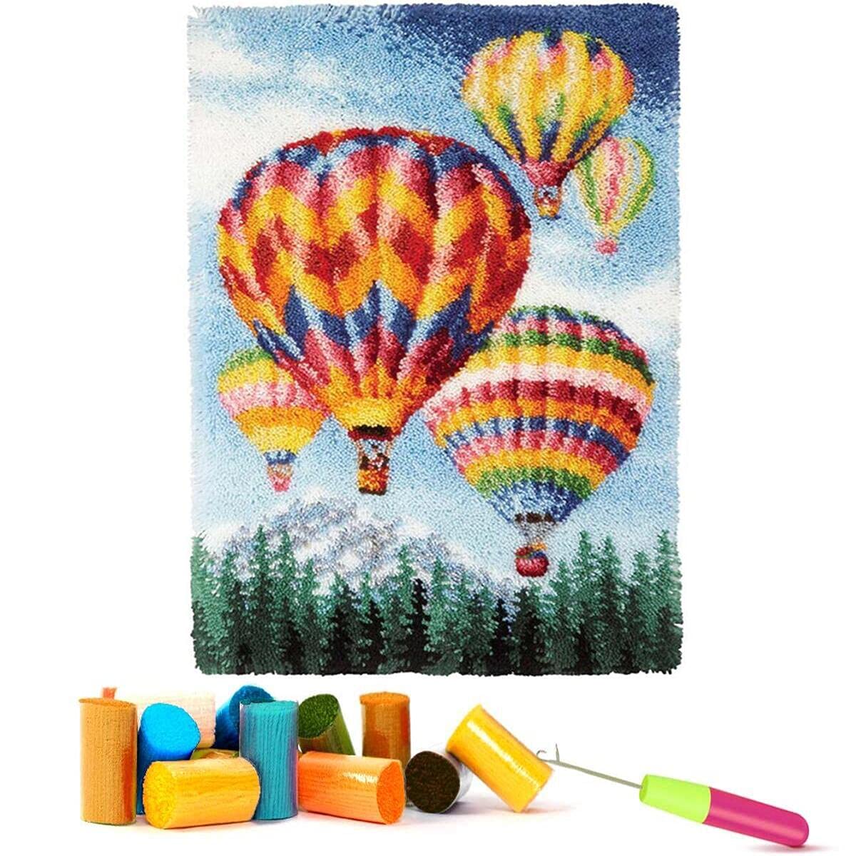 Latch Hook Kits for Adults - DIY Latch Hook Rug Kits for Kids, Crochet Kit for Beginners, Rug Making Kits with Printed Canvas, Gift Packaging.(Colorful Hot Air Balloons, 20x15)