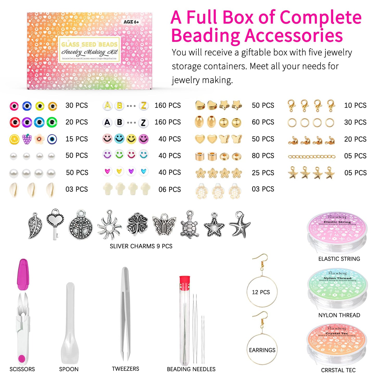 Friendship Bracelet Kit 3mm Seed Beads, 30000 Pcs 8/0 Glass Seed Beads 96 Colors Small Beads Bulk with Letter Bead Charms for Jewelry Making Girls Rings Necklaces Waist Chain DIY Craft Gift