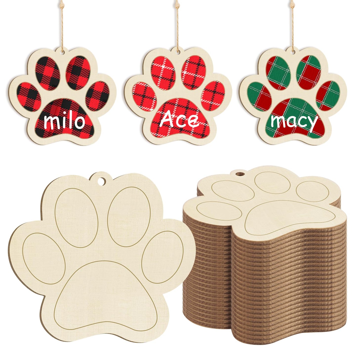 Wooden Dog Paw-Shaped Ornaments to Paint Dog House Decoration Cutouts Unfinished 24PCS, DIY Blank Unfinished Wood Discs Ornament for Pet Theme Party Crafts Hanging Christmas Thanksgiving Decoration