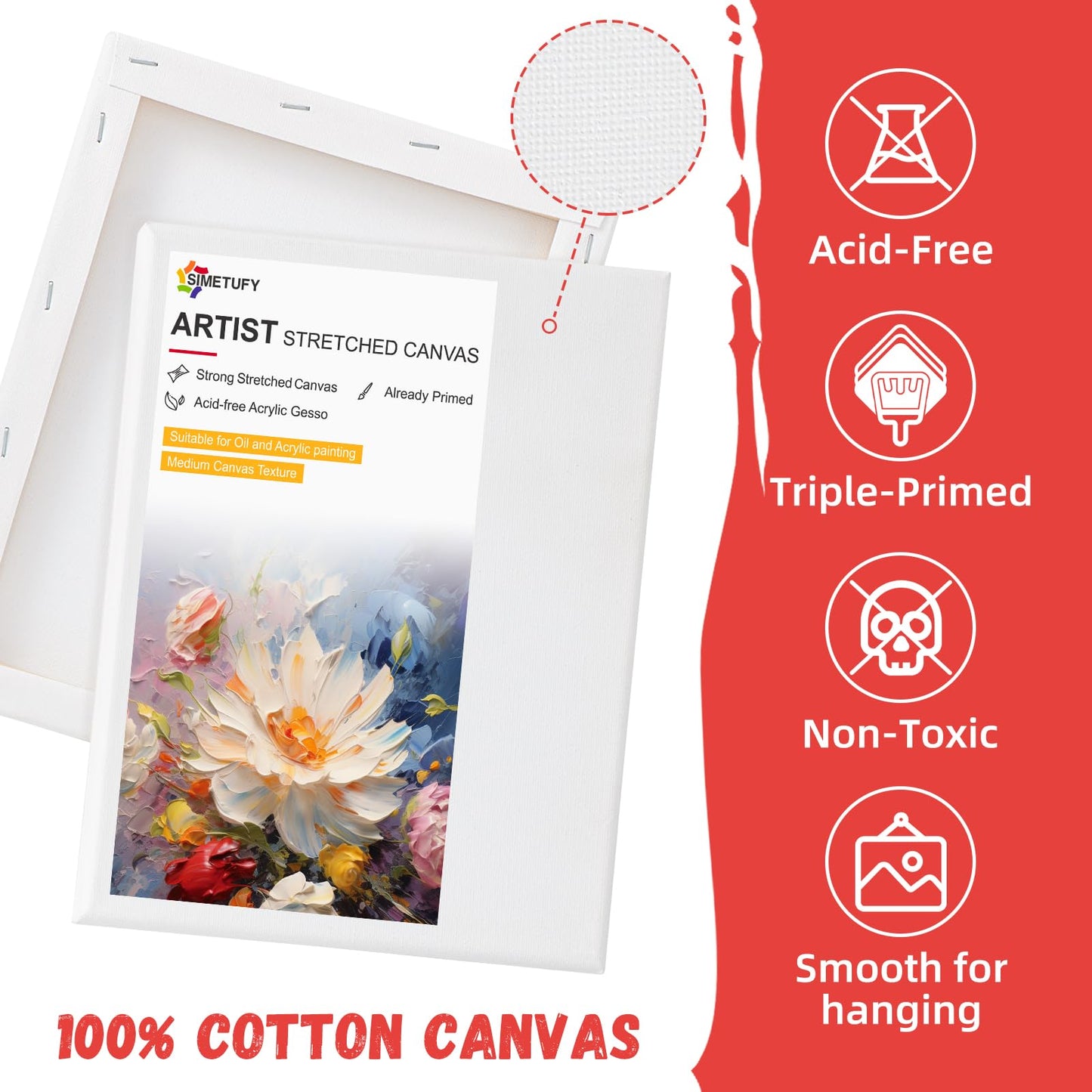 6 Pack Stretched Canvas for Painting 8x10 Inch 5/8" Profile 8 oz Triple Primed Acid-Free 100% Cotton Blank Art Canvases for Acrylic Oil Paint