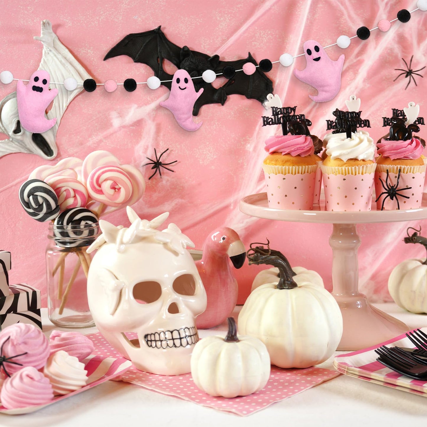 Whaline 6.6Ft Halloween Felt Banner Cute 3D Pink Ghost Hanging Garland Black Pink White Pom Ball Banner for Home Mantel Wall Window Decor Party Supplies