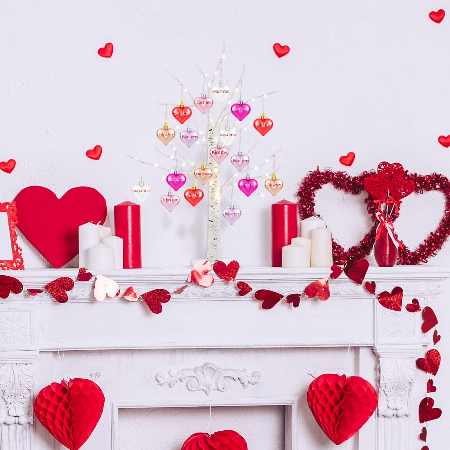 Valentine's Day Tree Decoration with LED Lights 21.7 Inch Tabletop Birch Tree with Timer Battery USB Powered with Valentine's Day Heart Ornaments for Home Valentine Wedding Decor