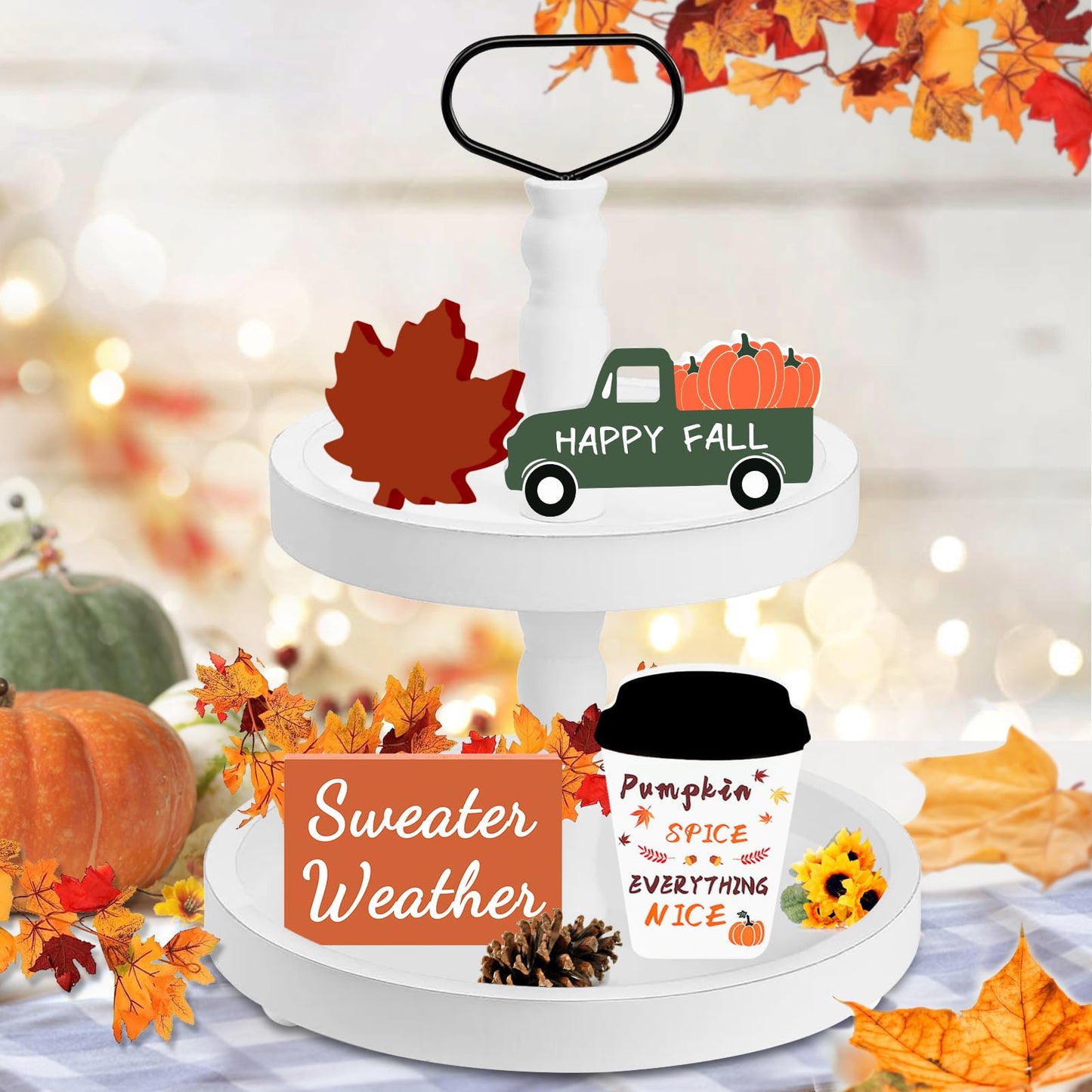 Fall Decor Fall Decorations for Home 4Pcs Wooden Coffee Cup Maple Leaf Car Sweater Weather Sign Farmhouse Table Tiered Tray Decor Thanksgiving Decorations