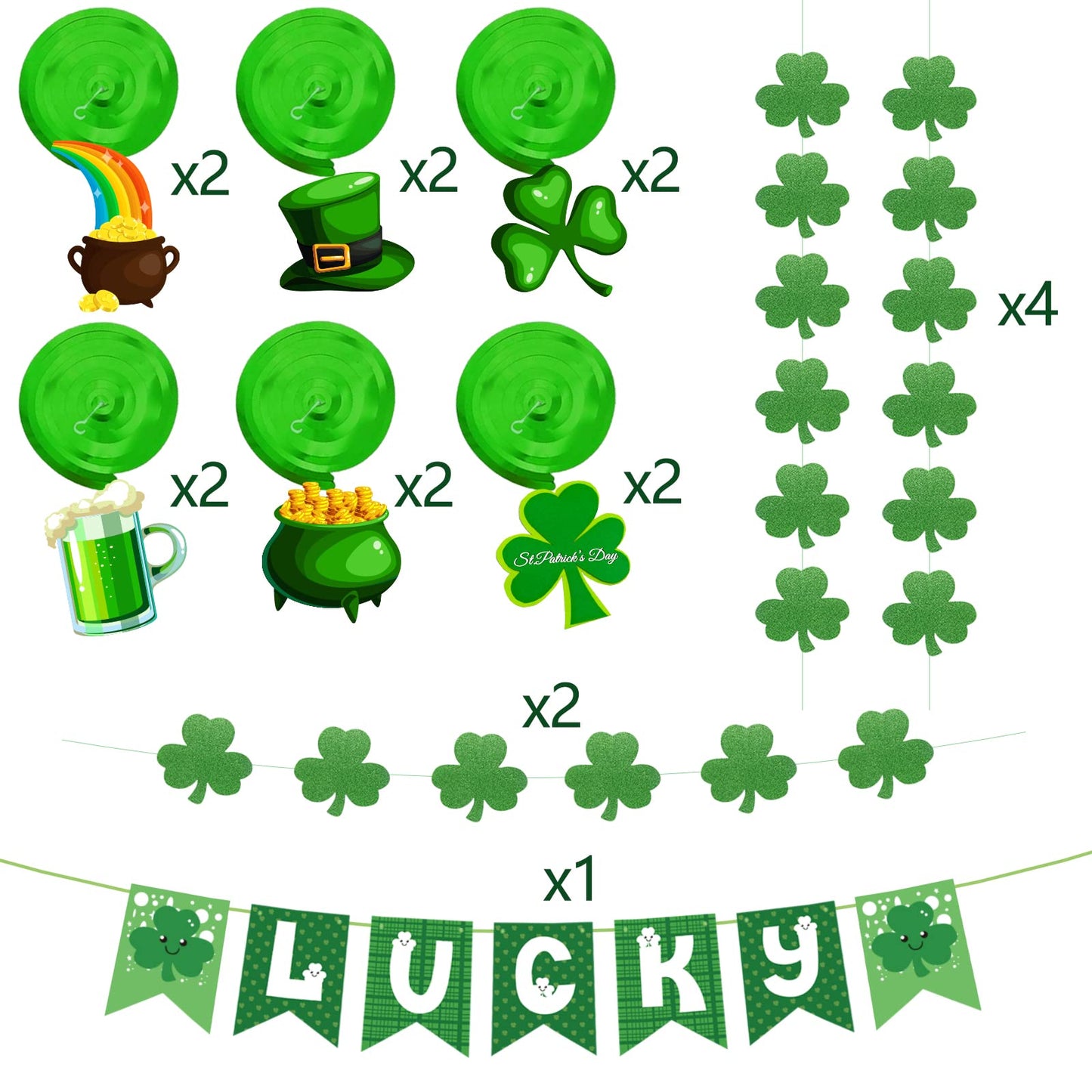 31Pcs St Patricks Day Decorations Pre-Assembled Shamrock Lucky Banner Garlands Clover Hanging Swirls Irish Decor for Home Saint Patrick Party Supplies