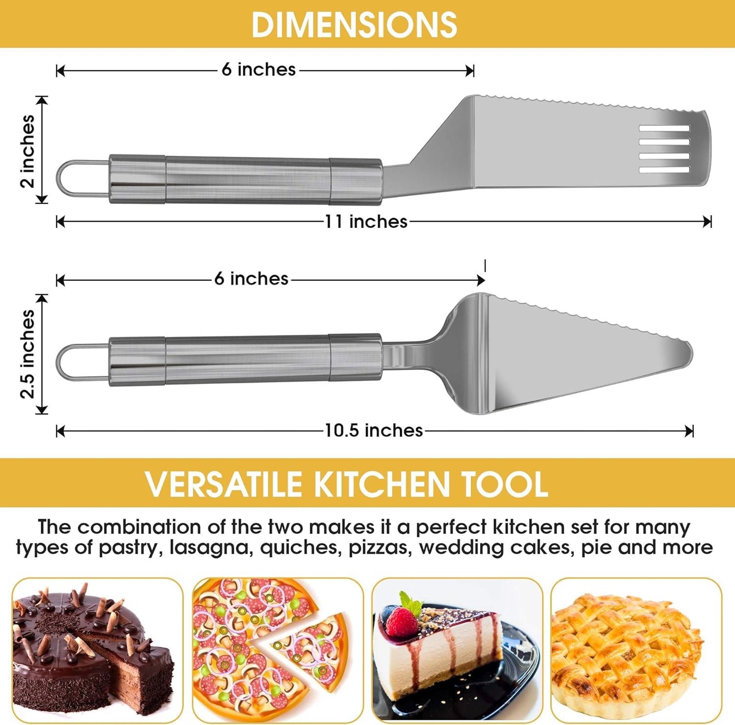 Pie Server Spatula and Cake Cutter Slicer, Stainless Steel Set - Kitchen Essentials for Cutting & Serving Desserts, Brownies, Lasagna (Silver, 10 inches)