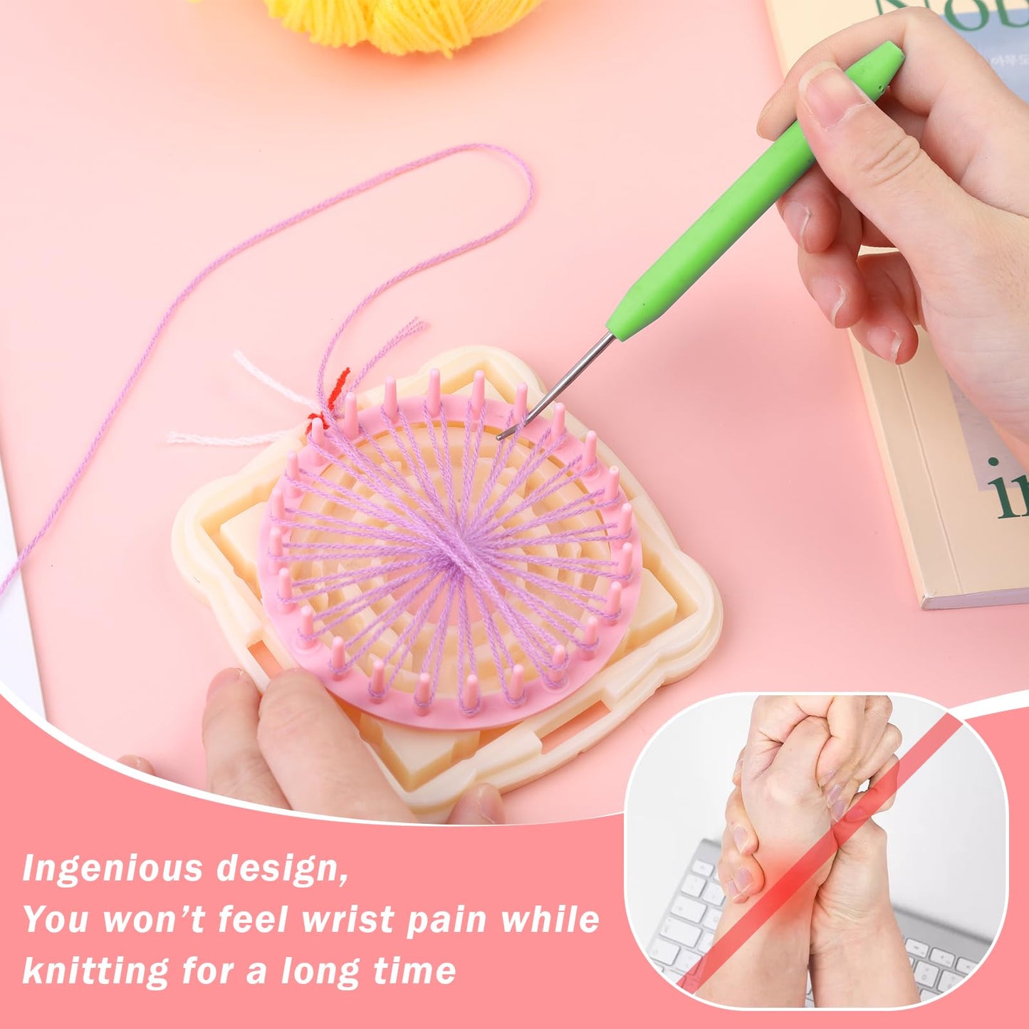 WONVOC Loom Knit Hook Set, Crochet Needle Hook Kit, 8 Pcs Green Knitting Loom Hooks with 12 Pcs Colorful Plastic Sewing Needles for Knitting Looms Knitting Boards