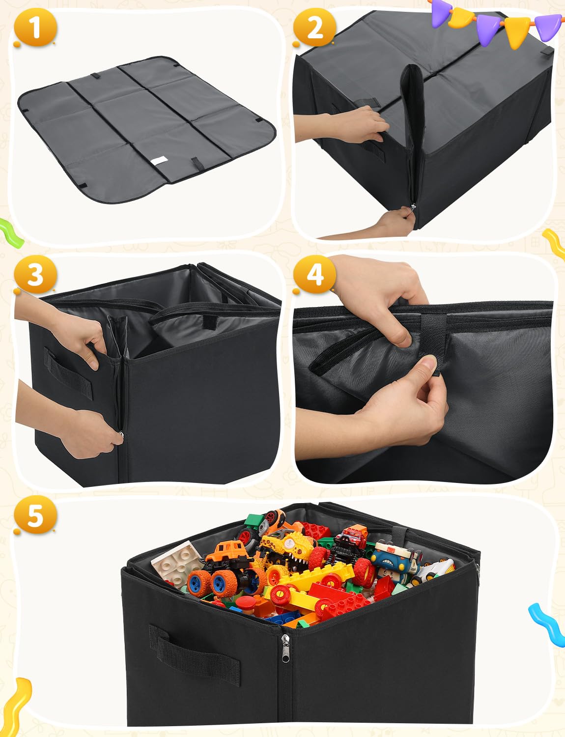 Toy Storage Organizer & Play Mat 43.3", Large 15×13×13" Collapsible Storage Cube Bin with Handles for Building Bricks, Boys, Girls, Playroom, Nursery (M, Black)