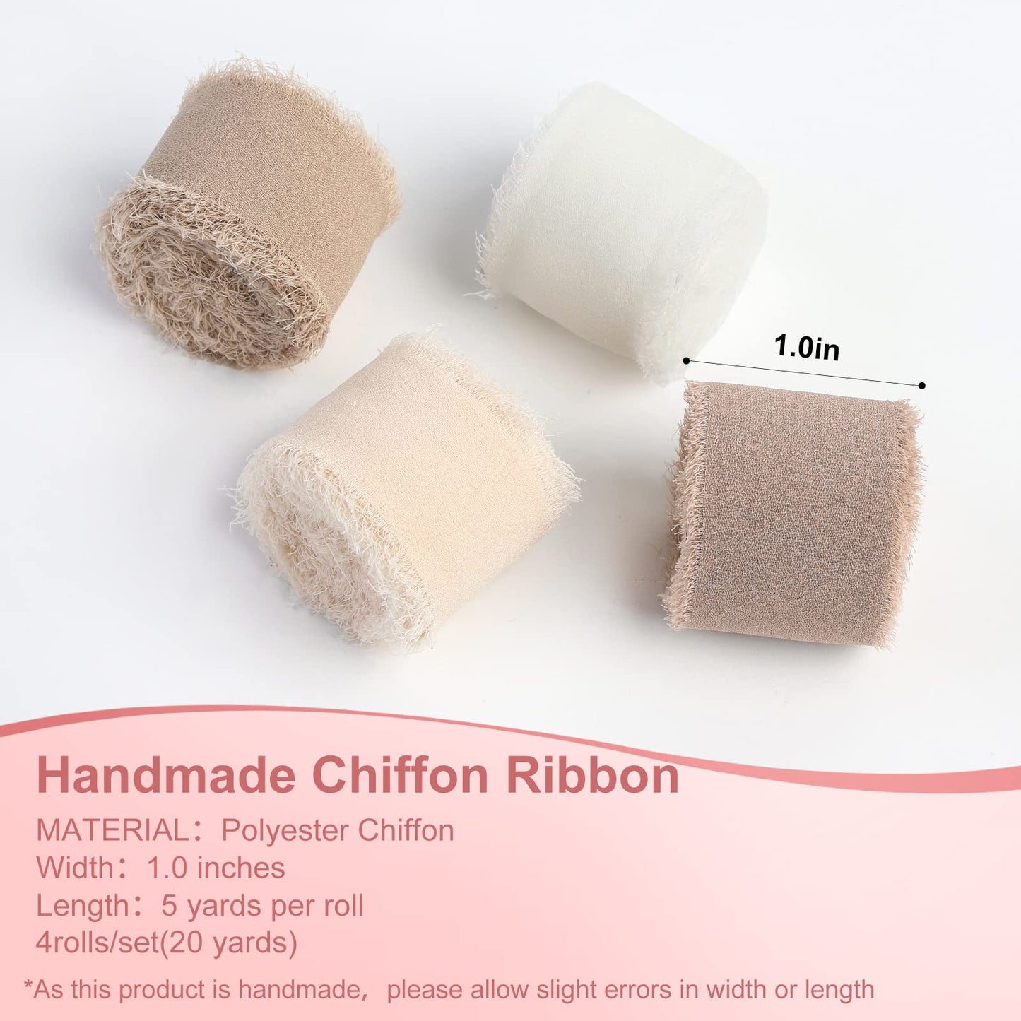 Pieaary Handmade Fringe Chiffon Silk Ribbon 4 Rolls/1" x 5Yd Per Roll,Nude & Cream Frayed Edges Ribbons Set (1"x20Yd, Nude&Cream)