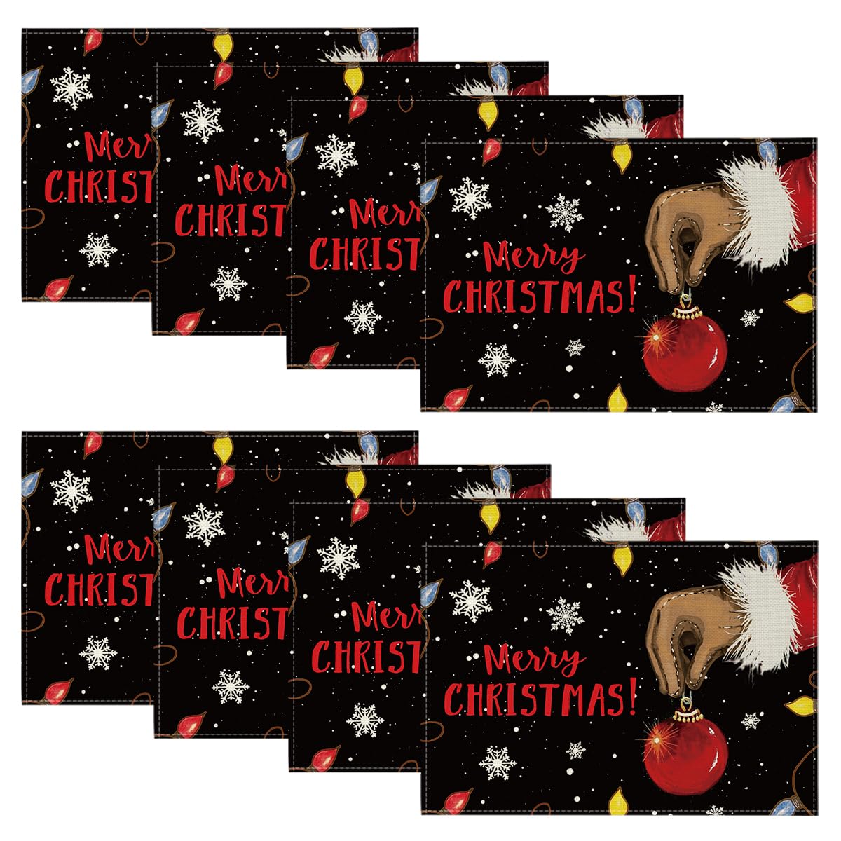 Xmas Ball Merry Christmas Placemats Set of 8, 12x18 Inch Seasonal Winter Holiday Black Table Mats for Party Kitchen Dining Decoration